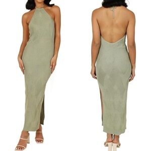 NWT Petal and Pup Oakley Crochet Knit Halter Neck Dress Olive Pastel Long Slit